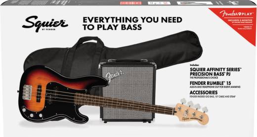 Squier - Ensemble de basse Affinity PJ avec Rumble 15 et sac de transport - Sunburst 3 couleurs
