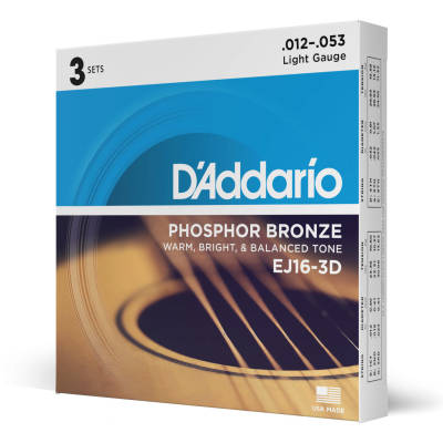 DAddario - EJ16-3D - cordes bronze phosphoreux LIGHT 12-53 - 3 paquets